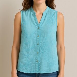 Tweeds Soft Separates‎ Linen Sleeveless Top Embroidered Button Down XL Boho